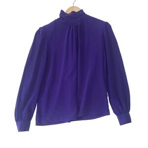 Distinction Blouse Womens 8 Purple‎ Vintage 80s Mock Neck Pleated Secretary Top